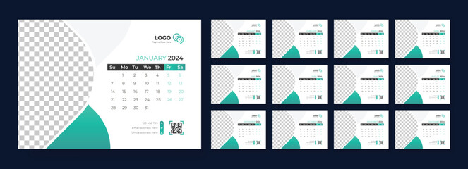 Desk Calendar Template 2024. Calendar 2024 planner corporate template design set. template for annual calendar 2024. Week starts on Sunday.