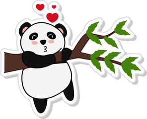 Paper Cut Style Flying Kiss Panda Hanging Branch Icon.