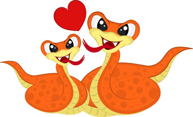 Loving Snake Couple Cartoon With Heart Over White Background.