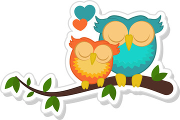 Lovely Bird Couple Sitting On Branch Icon In Paper Cut.