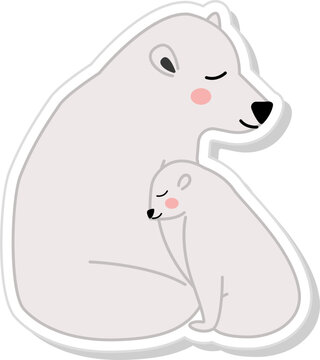 Cutout Style Polar Bear Hugging Baby Character Icon.