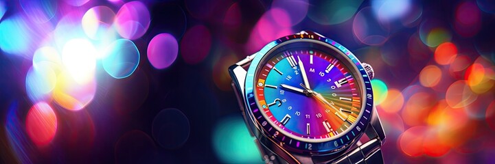 A Watch Background in the psychedelic super nova Style - Cosmic Dance Mirrored in a Psychedelic Super Nova Watch - Product Display with Empty Copy Space for Text created with Generative AI Technology - obrazy, fototapety, plakaty