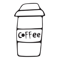 Vector black and white graphic doodle illustration of a coffee cup on a white background.