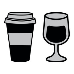 Vector graphic illustration of a black and white coffee cup and a glass of wine.