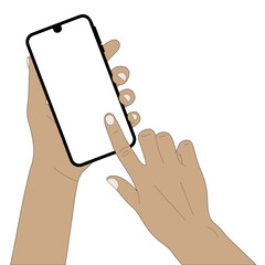 Vector graphic illustration of hands with a smartphone on a white background.