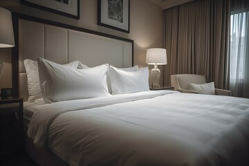 Elegant Hotel Room Interior: King-Size Bed with Pristine Luxury and Contemporary Comfort