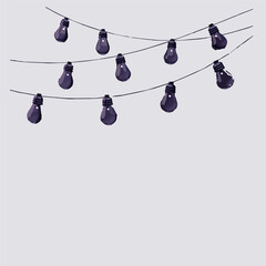 Vector illustration of purple light bulbs on a rope on a light purple background.