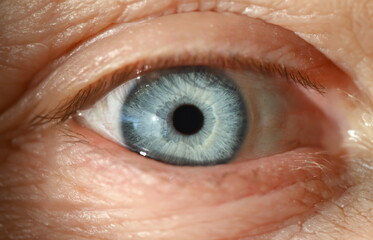 Blue human eye with black pupil closeup. Computer vision diagnostics concept