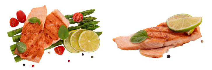 Grilled Fillet of Redfish (Trout, Salmon) with Green Asparagus, Cherry Tomatoes, Lime Slice, and...