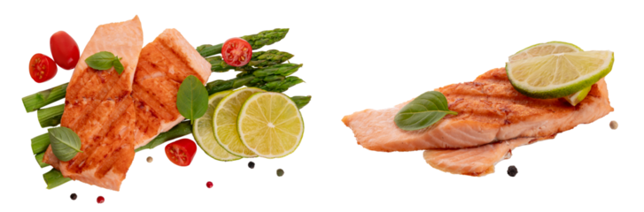Grilled Fillet of Redfish (Trout, Salmon) with Green Asparagus, Cherry Tomatoes, Lime Slice, and Basil Leaves Isolated on a White Background. Cooked Seafood and Fish with Pepper Mix