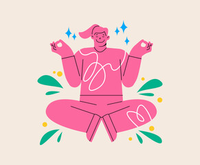 Smiling positive woman sitting meditating practicing yoga. Practicing meditation and healthy lifestyle concept. Colorful vector illustration