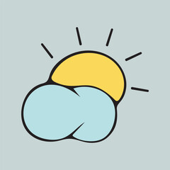 Graphic vector illustration of a cloud with the sun on a gray background. Sunny weather.