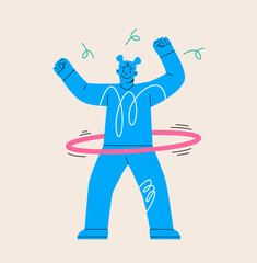 Cheerful young woman spinning hula hoop on waist. Colorful vector illustration