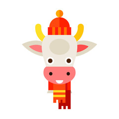 Obraz premium Cute little deer with horns in winter clothes flat vector icon. Domestic animal wearing knitted scarf and red hat isolated on white background. Toy character, winter, animal concept