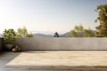 3D render of outdoor wooden balcony overlooking a blank concrete wall. Generative AI