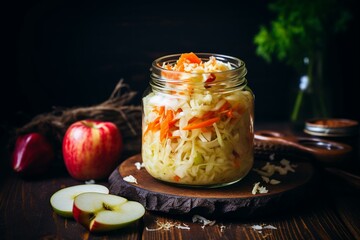 Fermented sauerkraut with cabbage, apples, and carrots on a dark rustic background, promoting healthy eating. Generative AI