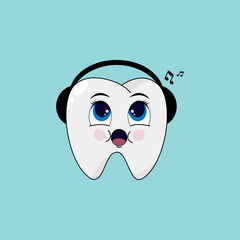 Cute tooth in headphones listening to music.