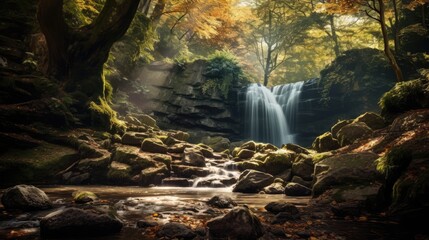 Waterfall in the middle of the forest, AI generated Image - obrazy, fototapety, plakaty
