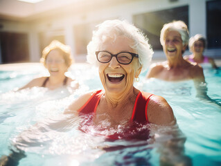 Fototapeta premium Energetic Senior Women Having Fun in Aqua Fit Class: Embracing a Healthy Retirement Lifestyle Together