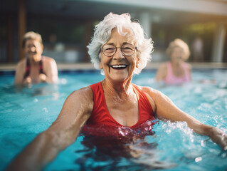 Fototapeta premium Energetic Senior Women Having Fun in Aqua Fit Class: Embracing a Healthy Retirement Lifestyle Together