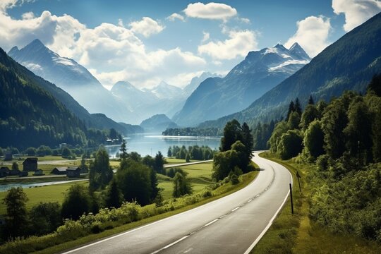 Sunny road through Austrian Alps. Generative AI