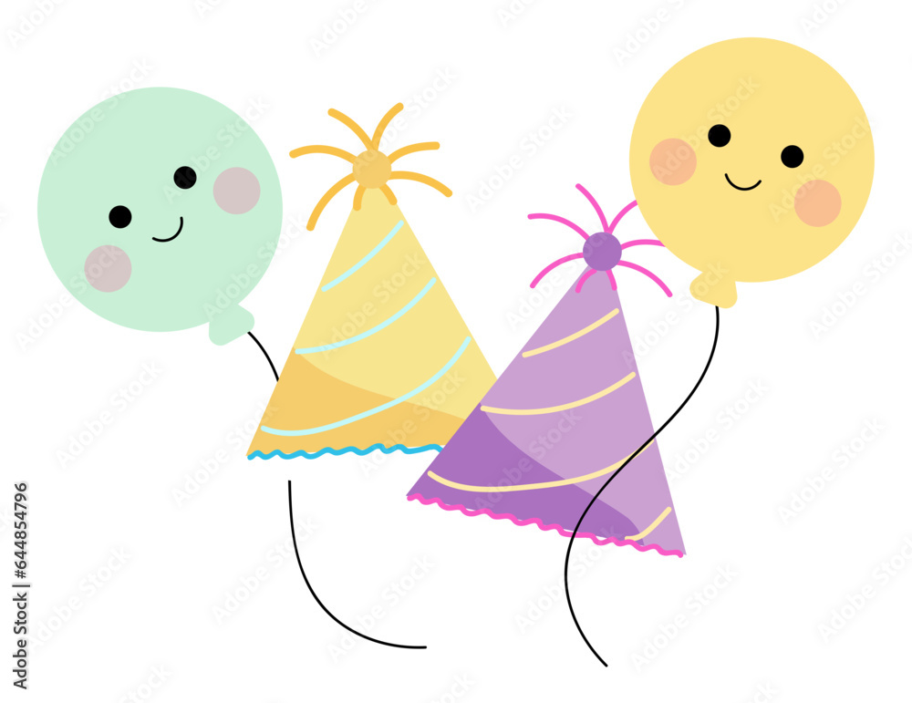 Canvas Prints cute smiley balloons and party hat colorful stickers.