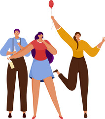 Cartoon Young People Having Fun Together With Champagne Bottle, Balloon In Party.