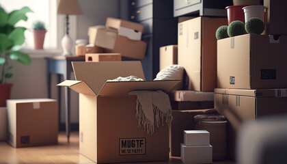 Cardboard Boxes Full of Belongings in a Cozy Living Room of a Newly Owned Home - ai generated - obrazy, fototapety, plakaty