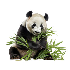 Fototapeta premium Isolated panda bear sitting eating bamboo on cutout PNG transparent background
