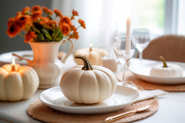 Thanksgiving table setting with pumpkins and candles at autumn home decoration
