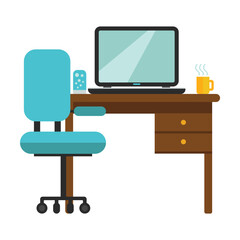 Work desk with office chair, laptop and cup of coffee isolated on white. Colored flat vector icon of modern workplace. Furniture and interior concept