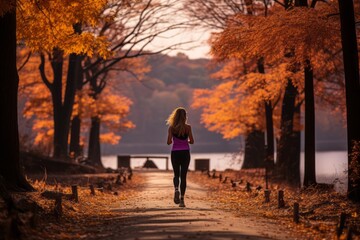 Woman Jogging in Autumn Woods. Vibrant Pink and Orange Scenery.
