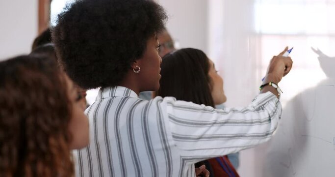 Teacher, students and writing by board for questions, talking or pen for answer, solution or smile in classroom. Professor woman, math knowledge and high school kids for notes, advice or mentorship