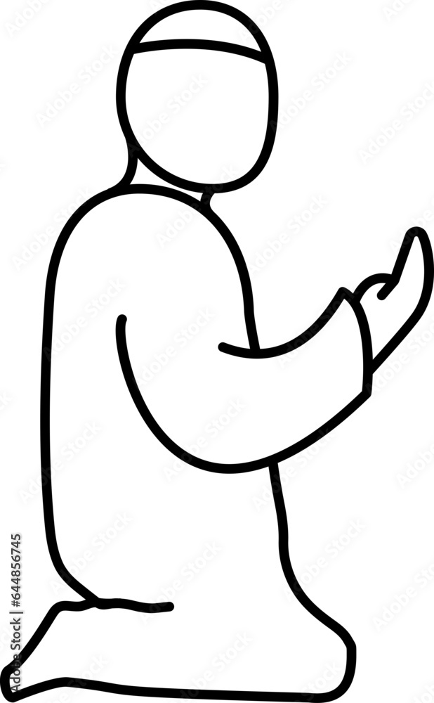 Sticker Cartoon Young Muslim Man Siting In Praying Black Outline Icon.