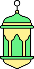 Isolated Arabic Lantern Flat Icon In Yellow And Green Color.