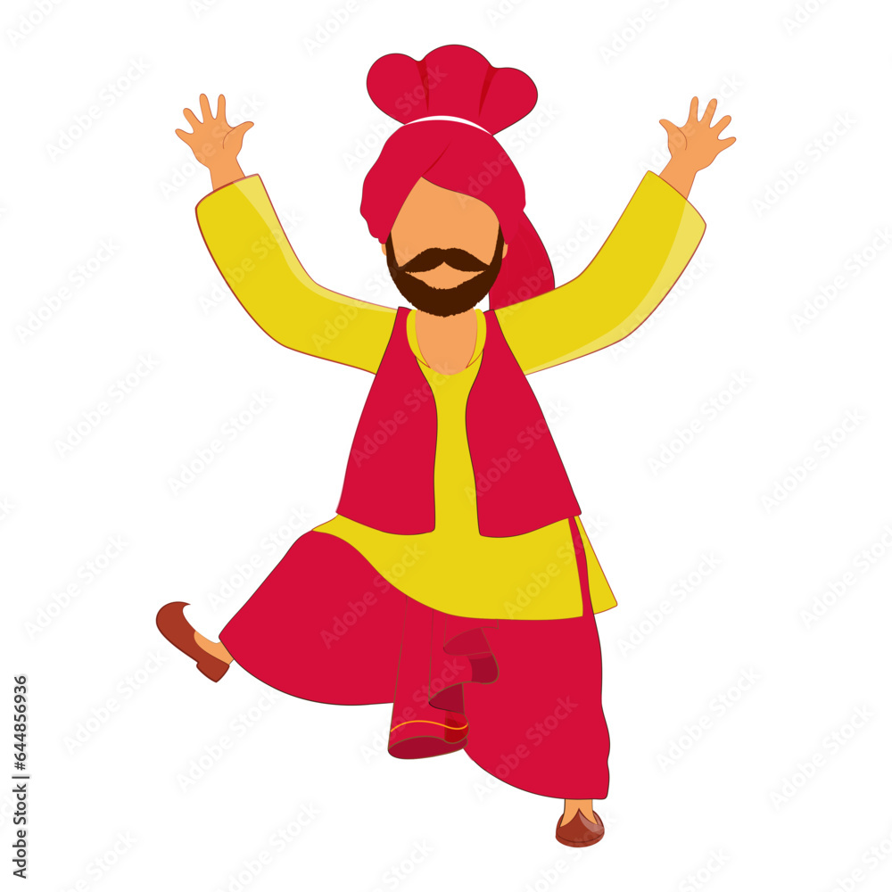 Wall mural Illustration Of Punjabi Young Man In Bhangra Dance Over White Background.