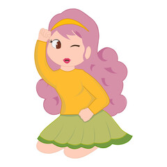 Wink One Eye Naughty Little Girl Sitting On Floor Illustration On White Background.