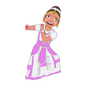 Cheerful Young Girl Doing Sattriya Nritya Over White Background.