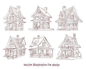 vector sketch set of wooden houses