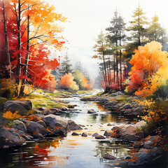 Naklejka na ściany i meble Beautiful watercolor autumn landscape, bright yellow and red forest on the bank of a small river, traditional autumn background, good seasonal wallpaper 