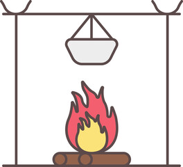 Fototapeta premium Hanging Food Pot On Bonfire Colorful Icon.