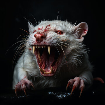 Scary head of an evil rat with a bared mouth with large fangs, stained with blood, a predatory beast, on a black close-up, Halloween background