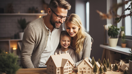 Smiling Caucasian family contemplating the mockup of their new house - obrazy, fototapety, plakaty