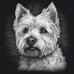 West Highland White Terrier, Westie, engraving style, close-up portrait, black and white drawing, cute dog 