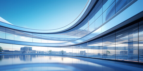 Obraz premium Futuristic architecture captured from below, a glass-curved skyscraper.