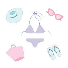 Beach set consisting of a swimsuit, sunglasses, a bag, flip-flops and a hat.