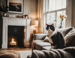 Black and white cat sitting on a couch in a cozy living room. Curious stare. Concepts of comfort, relaxation and well being.