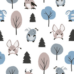Cute monsters pattern. Seamless vector forest background with funny creatures	