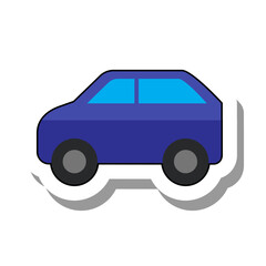 Blue car for children to play flat paper sticker icon. Equipment for construction of vehicle, auto part for car repair isolated on white background. Children toy, automobile service concept