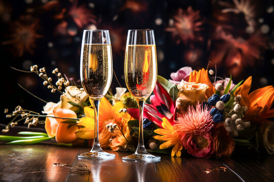Two glasses of champagne, sparkling wine and flowers on a table. Dark festive background with fireworks. New Year and celebration concept. AI generative.